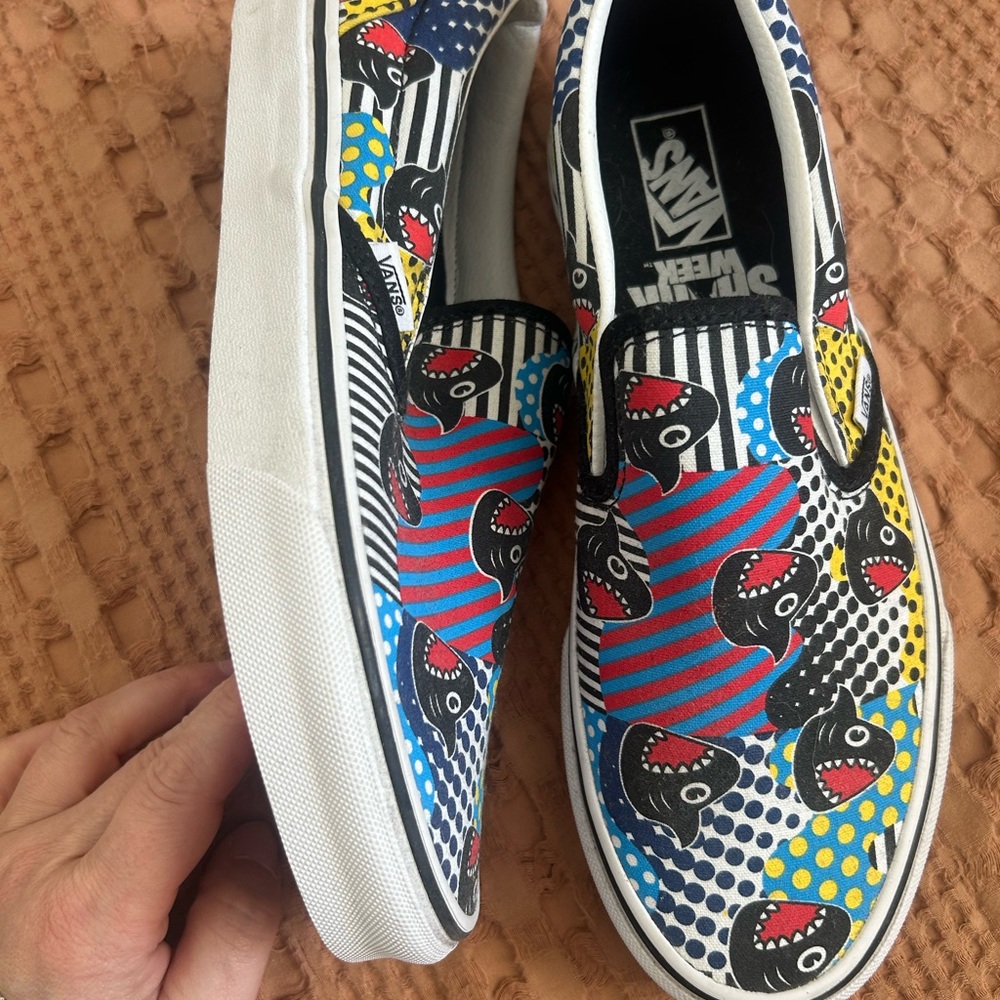 Vans Kids Slip-On Sneakers - Blue, Red, Yellow Shark Pattern